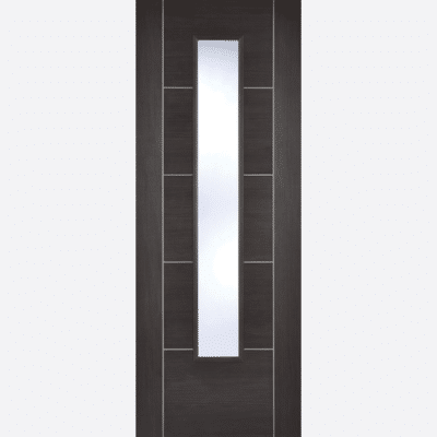 DARK GREY LAMINATE VANCOUVER GLAZED BESPOKE SIZES AVAILABLE The sought after five panel, Vancouver design, this time in a dark grey, laminated finish, with a slim, vertical clear glazed panel, creating a modern yet sophisticated finish. NB: Standard doors supplied semi solid core.