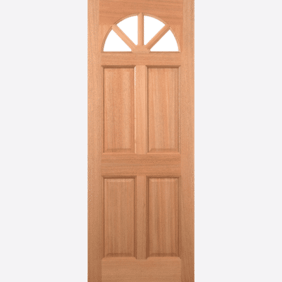 HARDWOOD CAROLINA 4P M&T GLAZED Made from a hardwood material, this Carolina door features clear double glazed panels with a rounded top edge and four raised shaped panels.