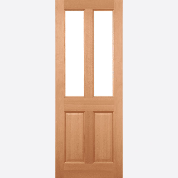 HARDWOOD MALTON GLAZED 2L FROSTED Two frosted double glazed panels are positioned above raised shaped rectangular panels in this Malton door design, crafted from hardwood.