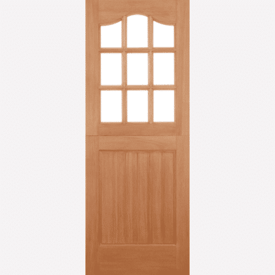 HARDWOOD STABLE GLAZED 9L M&T This timeless door design is modelled on cottage stables, featuring 9 clear double glazed panels and coming in an unfinished hardwood face ready to be personalised