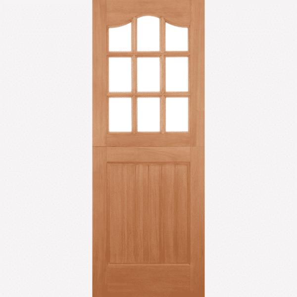 HARDWOOD STABLE GLAZED 9L M&T This timeless door design is modelled on cottage stables, featuring 9 clear double glazed panels and coming in an unfinished hardwood face ready to be personalised