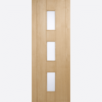 OAK COPENHAGEN GLAZED 3L This Copenhagen door features three frosted double glazed panels and vertical grooved panels, complete in Oak with a dowel construction.