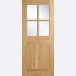 OAK COTTAGE GLAZED 4L A country cottage style door, with a dowel construction, features four clear double glazed panels and six slim, vertical solid panels.