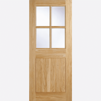 OAK COTTAGE GLAZED 4L A country cottage style door, with a dowel construction, features four clear double glazed panels and six slim, vertical solid panels.