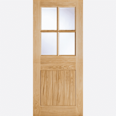 OAK COTTAGE STABLE GLAZED 4L A cottage style design, featuring four double glazed panels, created utilising a dowel construction. This version is a stable door which opens half way at the top and as a standard full door.