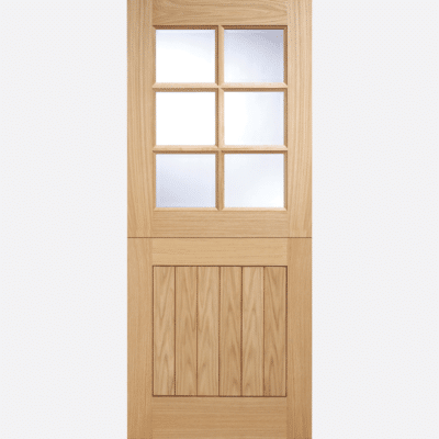 OAK COTTAGE STABLE GLAZED 6L A cottage style design, featuring six double glazed panels, created utilising a dowel construction. This version is a stable door which opens half way at the top and as a standard full door.