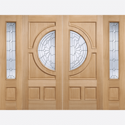 OAK EMPRESS Impress with the Empress door design, featuring a zinc clear bevelled double glazed panel, raised shaped panels and raised moulding. Please note, sold as unfinished single leaf doors. Doors do not have rebated meeting stiles.