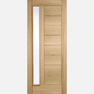 OAK GOODWOOD GLAZED 1L This Oak Goodwood door includes a frosted double glazed panel, raised moulding on one side and a dowel construction.