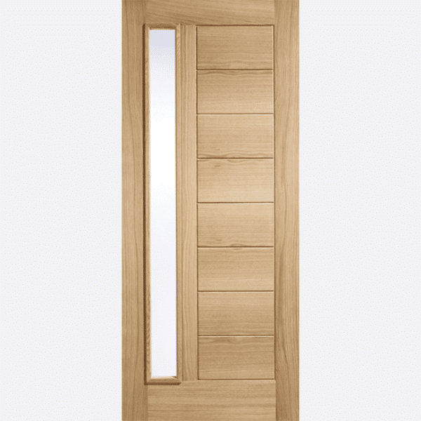 OAK GOODWOOD GLAZED 1L This Oak Goodwood door includes a frosted double glazed panel, raised moulding on one side and a dowel construction.