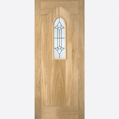 OAK WESTMINSTER This traditional Westminster door desgin features an arched lead double glazed panel and a decorative grooved panel design.