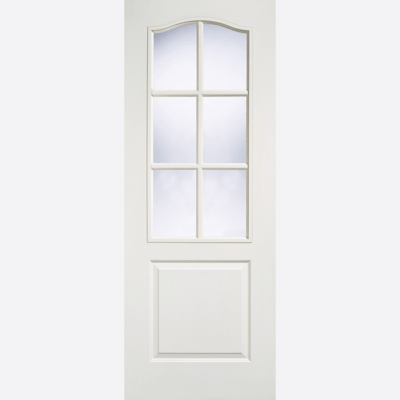 WHITE MOULDED CLASSICAL 6L GLAZED Clear glazed panels feature decorative bars and a curved top edge, with a raised shaped panel below in a white composite material.