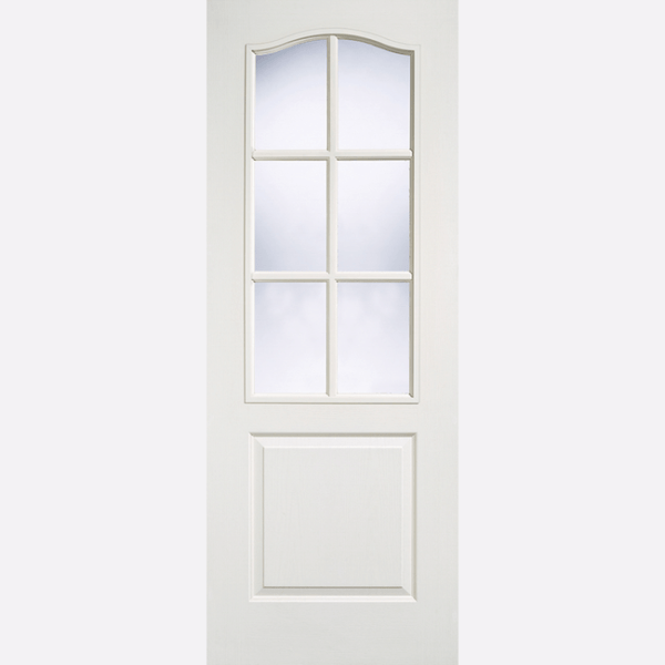 WHITE MOULDED CLASSICAL 6L GLAZED Clear glazed panels feature decorative bars and a curved top edge, with a raised shaped panel below in a white composite material.