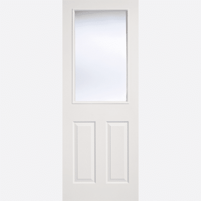 WHITE MOULDED GLAZED 2P-1L A clear glazed panel makes this door design a practical choice, with two raised shaped panels and raised moulding on both sides.