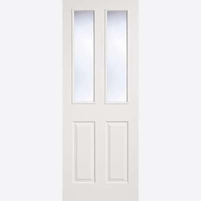 WHITE MOULDED GLAZED 2P-2L Two clear glazed panels are positioned above two raised shaped panels, with raised moulding on both sides and a white composite.