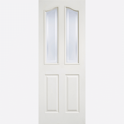 WHITE MOULDED MAYFAIR 2L GLAZED Two frosted glazed panels feature clear lines and a curved top edge, with two raised shaped panels in a white composite below.