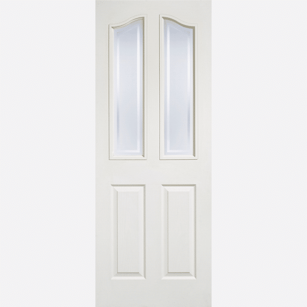WHITE MOULDED MAYFAIR 2L GLAZED Two frosted glazed panels feature clear lines and a curved top edge, with two raised shaped panels in a white composite below.