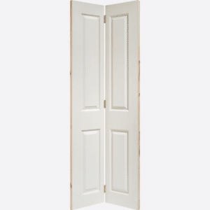 WHITE MOULDED TEXTURED 4P BI-FOLD This functional textured door features four rectangular raised shaped panels in a white composite with a bi-folding design.
