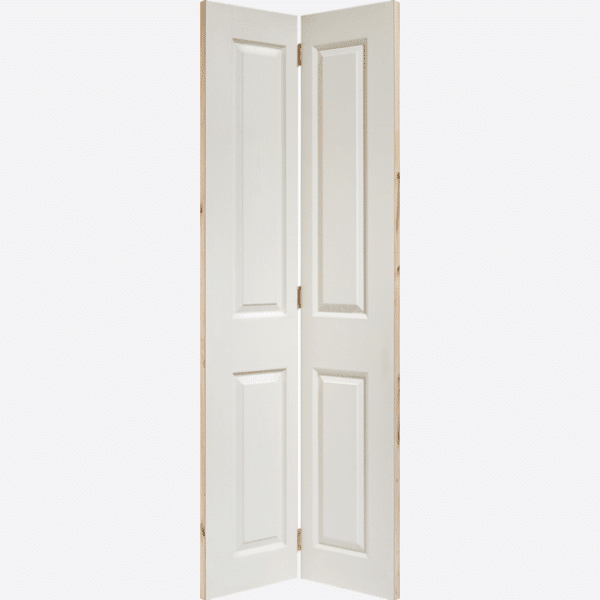 WHITE MOULDED TEXTURED 4P BI-FOLD This functional textured door features four rectangular raised shaped panels in a white composite with a bi-folding design.