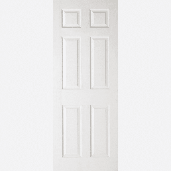 WHITE MOULDED TEXTURED 6P This textured door design features two square raised panels above four raised shaped rectangular panels, crafted from a white composite. NB: Sizes 18" and 21" are a 3 panel design.