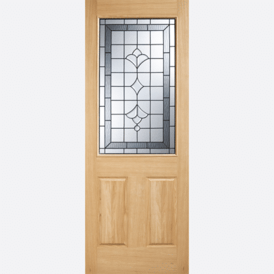 WINCHESTER GLAZED 1L A decorative part obscure double glazed panel is positioned above two raised shaped panels in an Oak material for this Winchester design.