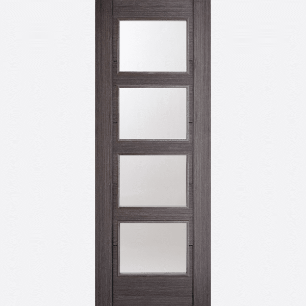 ASH GREY VANCOUVER GLAZED 4L BESPOKE SIZES AVAILABLE This Vancouver door design features four clear glazed panels, raised moulding on both sides and a pre-finished Ash Grey colour.