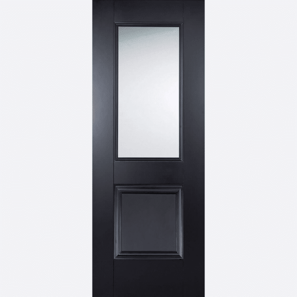 BLACK ARNHEM GLAZED 1L These traditional panelsl surrounded by decorative beading one with clear bevelled glazing, form this classy, black door design.