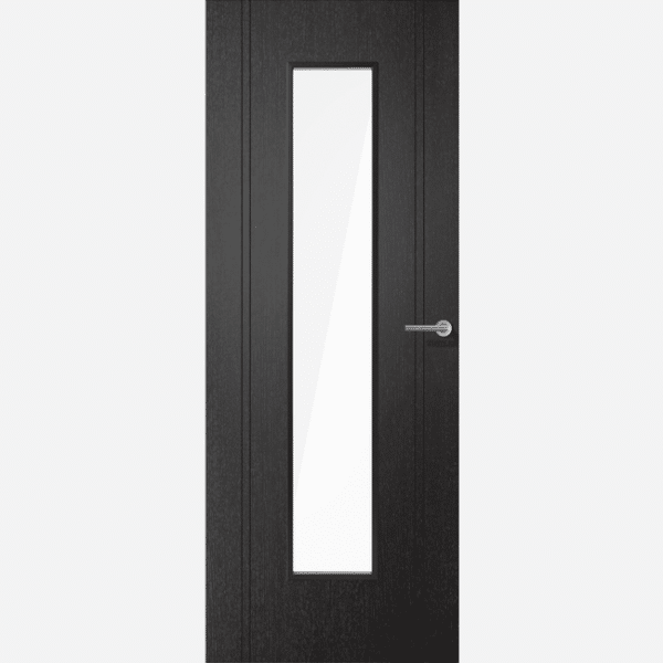 BLACK LAMINATE MONACO GLAZED In Pre-finished black, this laminate internal door is ready to hang. Featuring solid black inlays down the edges which enhances the contemporary look. The vertical clear glazed panel will allow natural light to flow throughout your home, making rooms seem brighter.