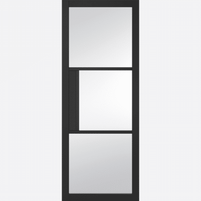 BLACK TRIBECA GLAZED 3L An adaption on our industrial range, the Tribeca features three generous clear glazed panels which are ideal for maximising natural light in your home. Constructed using sleek and slender black beading and a decorative lock block which is perfect for your matching accessories. The design of this door really stands out in your home.