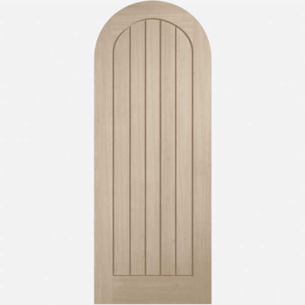 BLONDE OAK MEXICANO ARCHED This Pre-finished Blonde Oak door features a smooth arched top and vertical parallel grooves. The contemporary updated cottage style door is a unique way to add a playful element to your home. Pair with our Blonde Oak Curved Door lining to acheive a flawless finish.