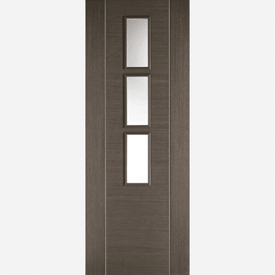 CHOCOLATE GREY ALCARAZ GLAZED 3L BESPOKE SIZES AVAILABLE Three clear glazed panels are framed by decorative vertical bars and a pre-finished Chocolate Grey wood grain.