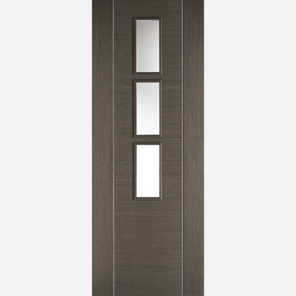 CHOCOLATE GREY ALCARAZ GLAZED 3L BESPOKE SIZES AVAILABLE Three clear glazed panels are framed by decorative vertical bars and a pre-finished Chocolate Grey wood grain.