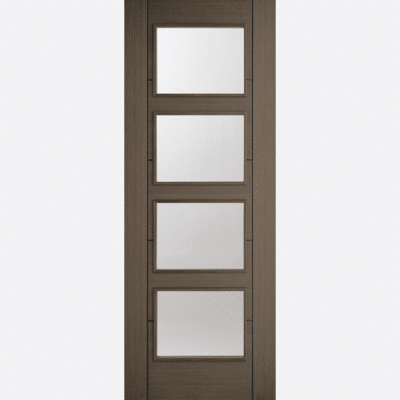 CHOCOLATE GREY VANCOUVER GLAZED 4L BESPOKE SIZES AVAILABLE Four clear glazed centre panels are framed in a pre-finished Chocolate Grey colour, with raised moulding on both sides of this door design.