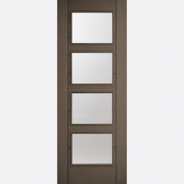 CHOCOLATE GREY VANCOUVER GLAZED 4L BESPOKE SIZES AVAILABLE Four clear glazed centre panels are framed in a pre-finished Chocolate Grey colour, with raised moulding on both sides of this door design.