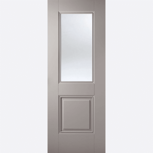 GREY ARNHEM GLAZED 1L A large, clear bevelled glazed panel sits proudly above a solid panel both surrounded by decorative beading.