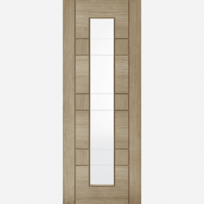 LIGHT GREY EDMONTON GLAZED 1L In a pre-finished Light Grey, the Edmonton features V Cut grooves in a modern, ladder style effect. This door has a cool and contempoary design and colour and will look perfect in a modern home. Featuring a long, vertical clear glazed with frosted lines panel, this the Edmonton is great for letting in some light to your home.