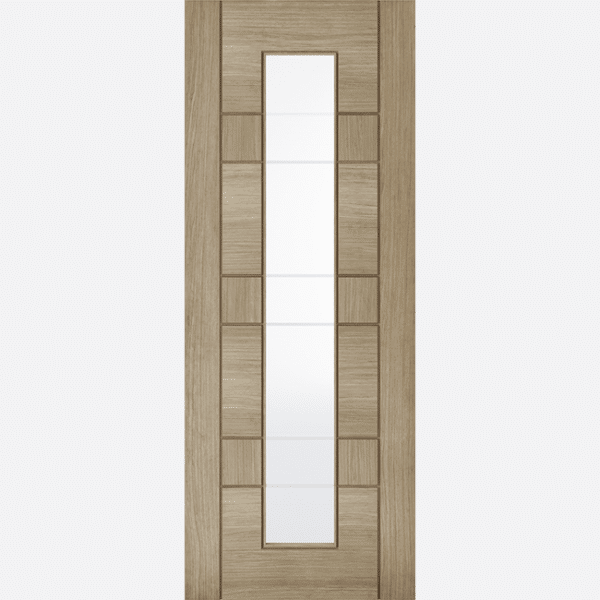 LIGHT GREY EDMONTON GLAZED 1L In a pre-finished Light Grey, the Edmonton features V Cut grooves in a modern, ladder style effect. This door has a cool and contempoary design and colour and will look perfect in a modern home. Featuring a long, vertical clear glazed with frosted lines panel, this the Edmonton is great for letting in some light to your home.