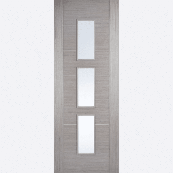 LIGHT GREY HAMPSHIRE GLAZED A ladder style design is created out of seven centre panels, all finished in a beautiful pre-finished Light Grey wood grain. This is further enhanced by three, slim panels centred to create a modern finish. NB: Standard doors supplied semi solid core.