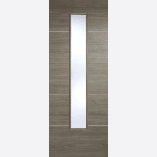 LIGHT GREY LAMINATED SANTANDOR GLAZED BESPOKE SIZES AVAILABLE The modern Santandor design has five panels, this time the door which is featured in a light grey and a laminated finish has the benefit of a slim, vertical clear glazed panel which forms a sophisticated, sleek look. NB: Standard doors supplied semi solid core.