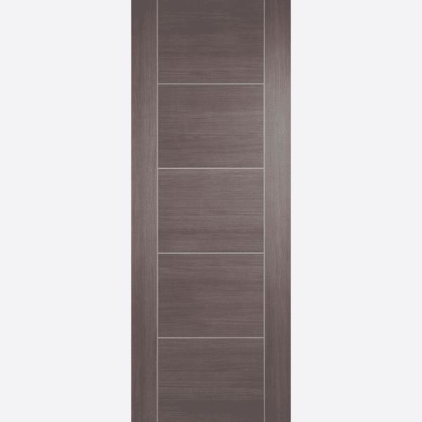MEDIUM GREY LAMINATE VANCOUVER BESPOKE SIZES AVAILABLE The sought after five panel, Vancouver design, this time in a medium grey, laminated finish, creating a modern look. NB: Standard doors supplied semi solid core. FD30's supplied solid core.