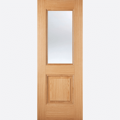 OAK ARNHEM GLAZED 1L One large glazed panel and one smaller solid panel, enhanced by decorative beading, create this premium design which is perfect for creating a stylish statement in your home.