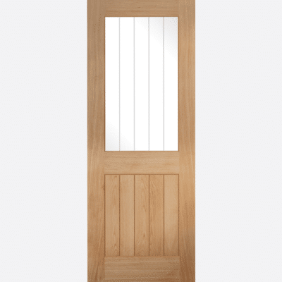 OAK BELIZE GLAZED 1L BESPOKE SIZES AVAILABLE The ever so popular five vertical panel design showcasing geometry in unfinished oak has a modern twist on a traditional style with the added benefit of a clear glazing panel with frosted lines which replaces half of the unfinished oak to let the light shine through.