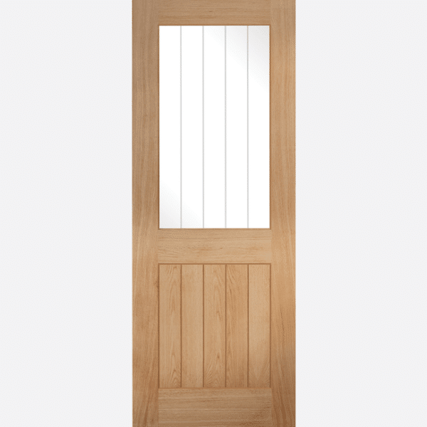 OAK BELIZE GLAZED 1L BESPOKE SIZES AVAILABLE The ever so popular five vertical panel design showcasing geometry in unfinished oak has a modern twist on a traditional style with the added benefit of a clear glazing panel with frosted lines which replaces half of the unfinished oak to let the light shine through.