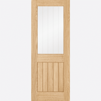 OAK BELIZE GLAZED 1L PRE-FINISHED BESPOKE SIZES AVAILABLE The internal Belize Pre-finished oak glazed door features the popular five vertical panel design, showcasing geometry. This gives a modern twist on a traditional style with the added benefit of a clear glazed panel with frosted lines, which replaces half of the door to let the light shine through. Pre-finished, this door is ready to hang.