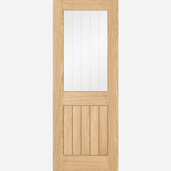 OAK BELIZE GLAZED 1L PRE-FINISHED BESPOKE SIZES AVAILABLE The internal Belize Pre-finished oak glazed door features the popular five vertical panel design, showcasing geometry. This gives a modern twist on a traditional style with the added benefit of a clear glazed panel with frosted lines, which replaces half of the door to let the light shine through. Pre-finished, this door is ready to hang.