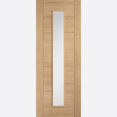 OAK CARINI LONG LIGHT GLAZED BESPOKE SIZES AVAILABLE Featuring clear glazing and raised mouldings on both sides, this internal door is unfinished ready to be personalised before installation. A modern choice, this door would look great in hallways and living areas, brightening up the space making it feel brighter.