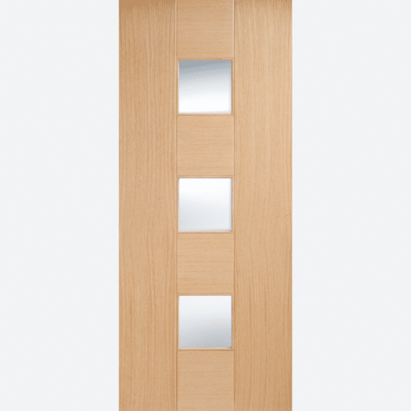 OAK CATALONIA GLAZED 3L BESPOKE SIZES AVAILABLE The Catalonia Glazed door in pre-finished Oak features three clear glazed panels in the centre.