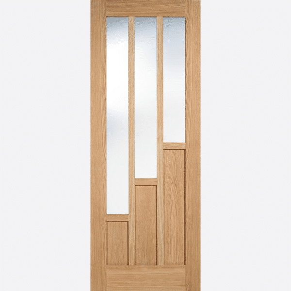 OAK COVENTRY GLAZED 3L BESPOKE SIZES AVAILABLE This Coventry Glazed door has a rustic feel to it, thanks to its stepped Oak panels and contrasting clear glazed panels.