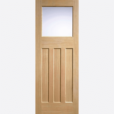 OAK DX 30S STYLE GLAZED 1L BESPOKE SIZES AVAILABLE This 30's style door design features one frosted glazed panel with three rectangular inset panels below in an unfinished Oak.