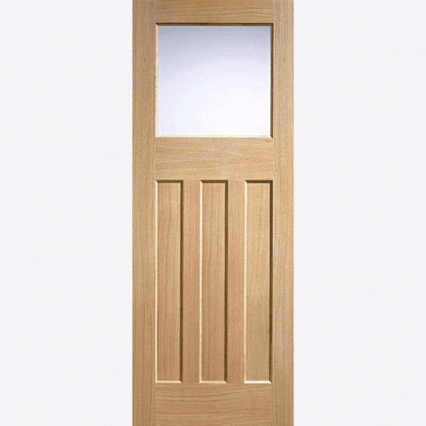 OAK DX 30S STYLE GLAZED 1L BESPOKE SIZES AVAILABLE This 30's style door design features one frosted glazed panel with three rectangular inset panels below in an unfinished Oak.