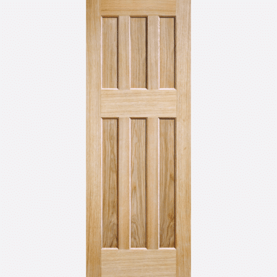 OAK DX 60S STYLE BESPOKE SIZES AVAILABLE This 60's style door design features six rectangular shaped inset panels in a beautiful unfinished Oak wood.